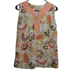 David Brooks Linen Coral Paisley Print Sleeveless Top Casual Vacation Size S